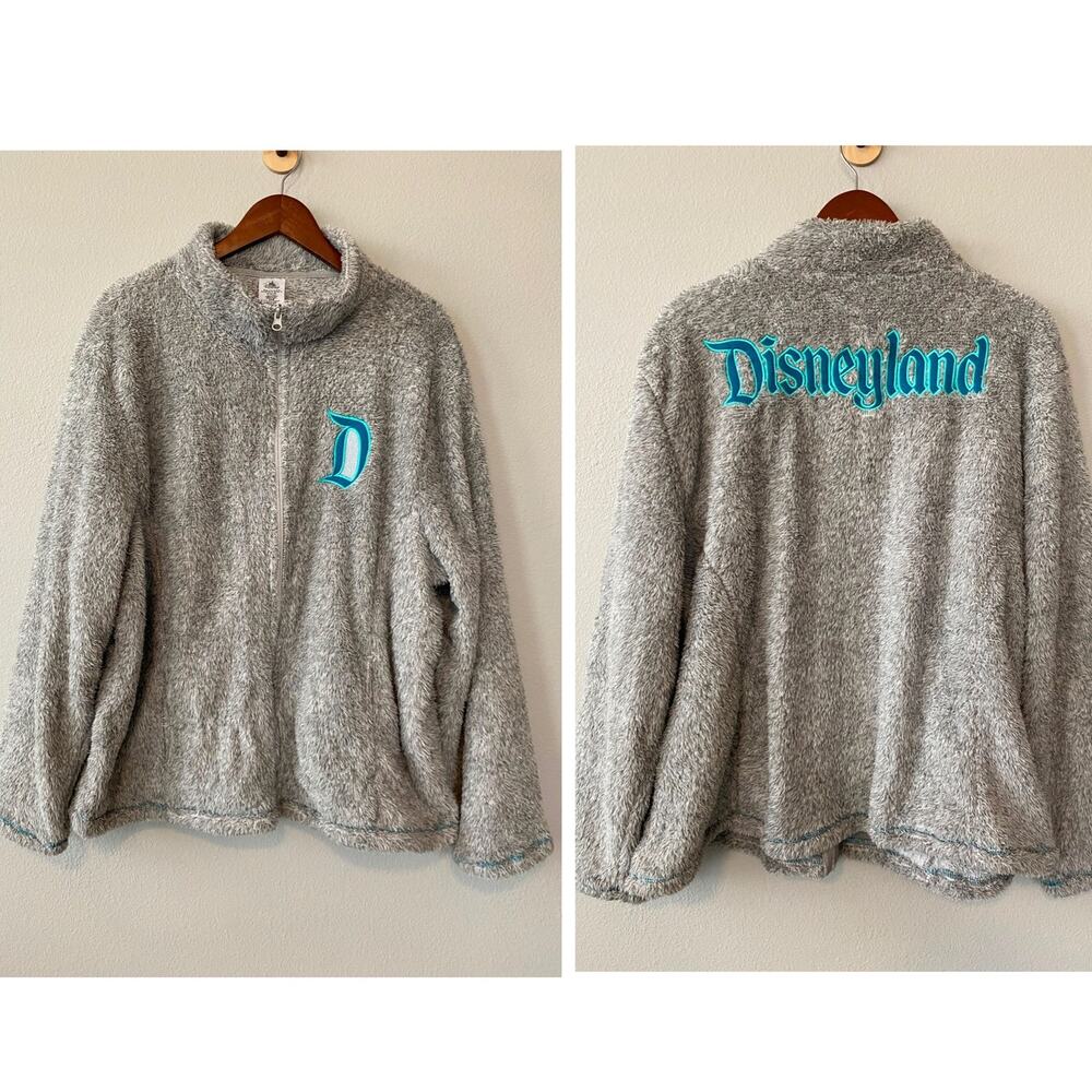Disneyland Resort Gray Plush Sherpa Fleece Jacket 2X Teal Embroidered Full Zip